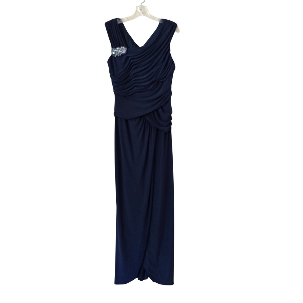 Adrianna Papell Evening Navy Blue Ruched Brooch Gown Dress 12